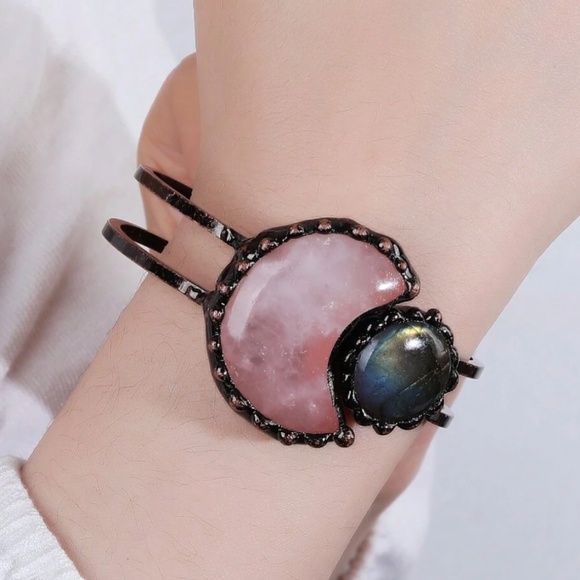 Boho Rose Quartz Statement Moon Copper Tone Cuff Bracelet - Picture 2 of 7